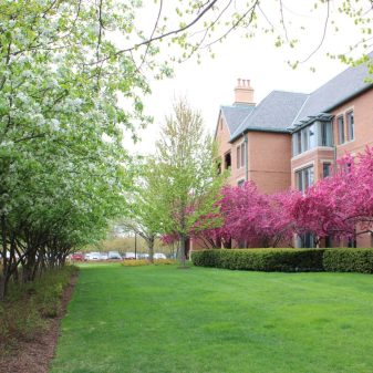 Expert landscaping on exterior of large brick building.